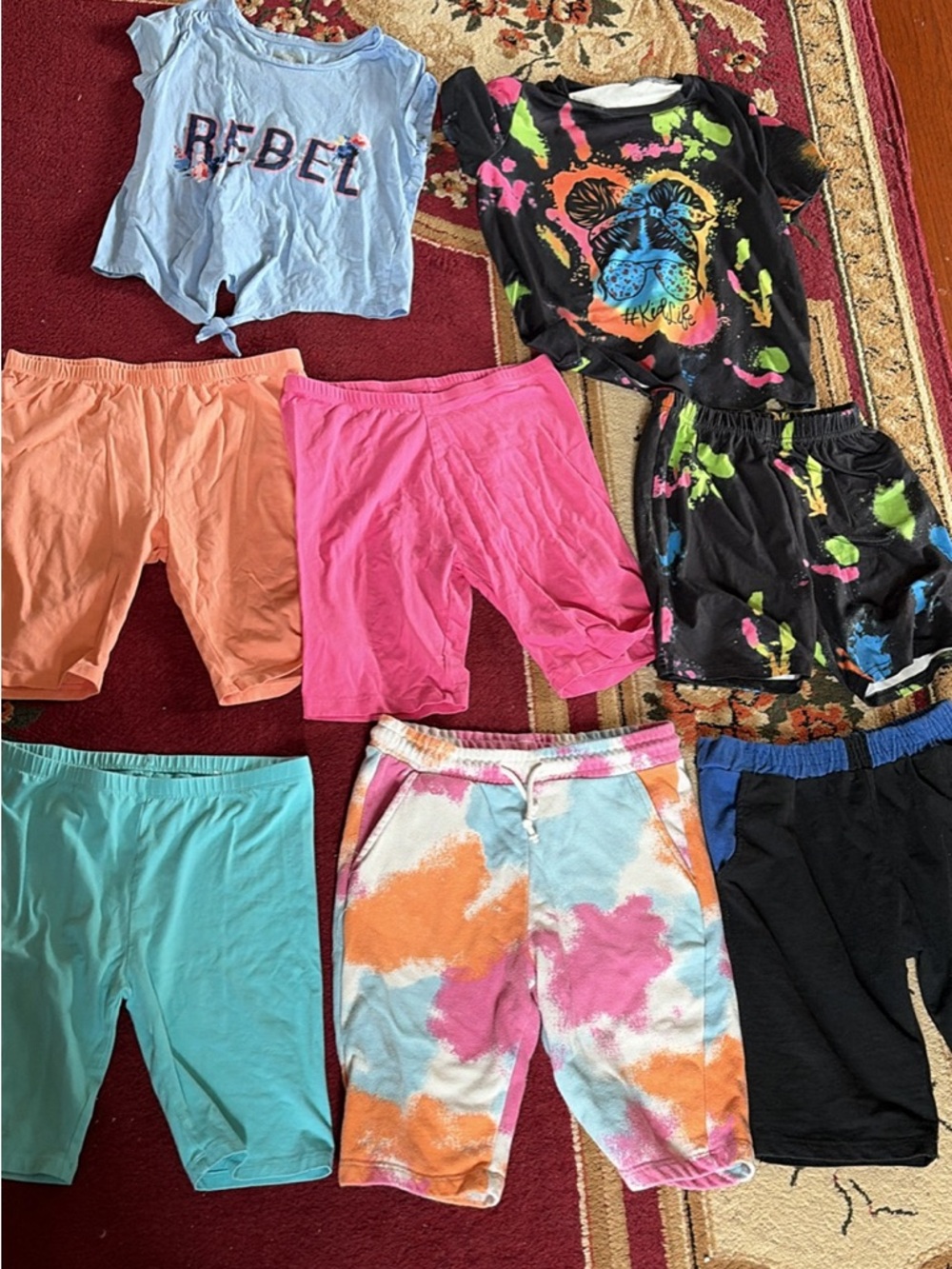 Girls Mixed Shorts & Tops Bundle - Bright Tie-Dye, Pink, Coral, Aqua, Black